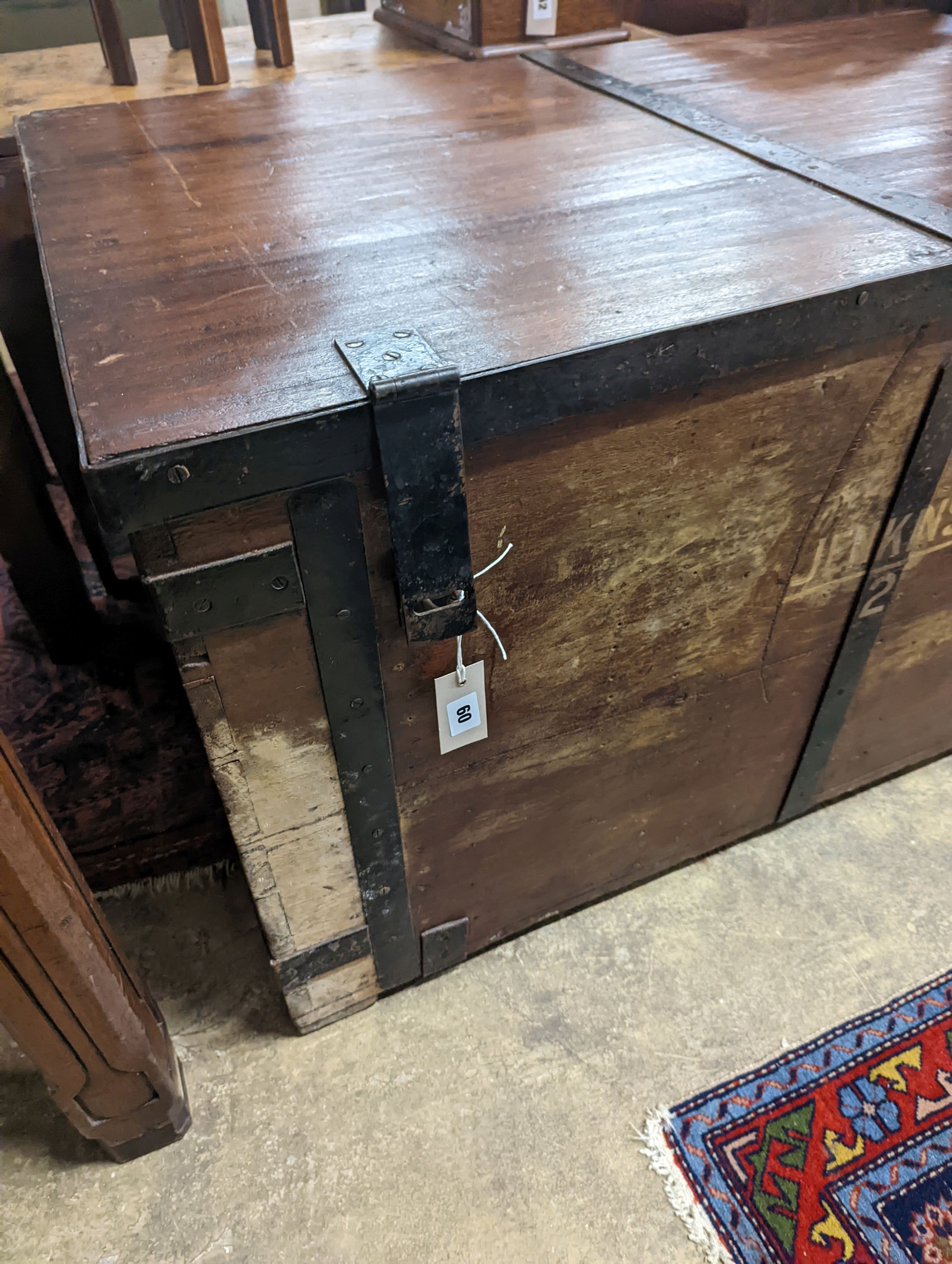 A Victorian iron bound teak trunk with zinc lined interior, width 110cm, depth 67cm, height 61cm